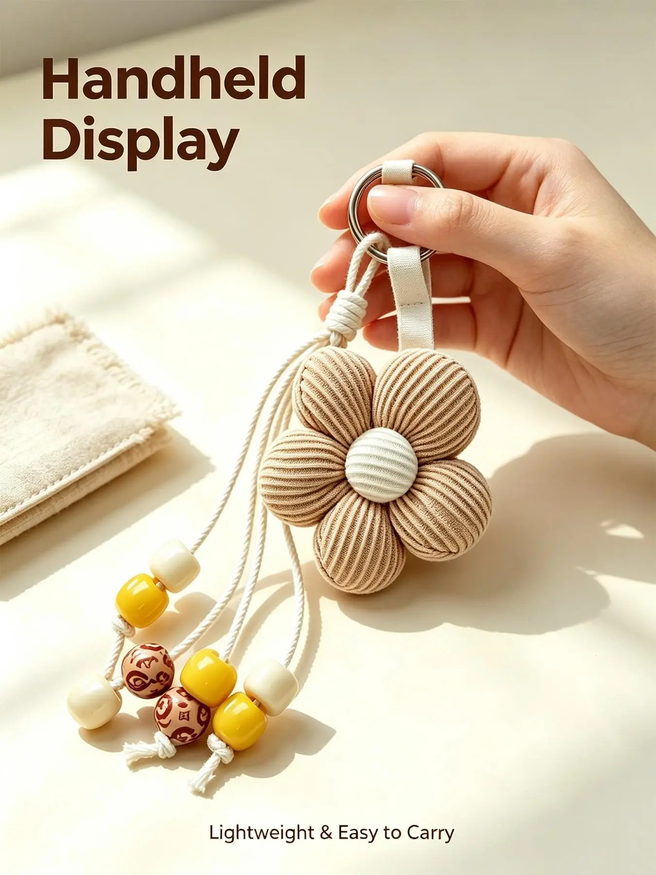 Handmade 3D Ribbed Fabric Flower Keychain, Multi-Strand Cotton Cord Wooden Bead Tassel Bag Charm, Silver Spring Key Ring, Warm Neutral Tone Cottagecore Pendant for Soft Girls Daily Bag Decor #CottagecoreAesthetic #WarmToneKawaiiCharm