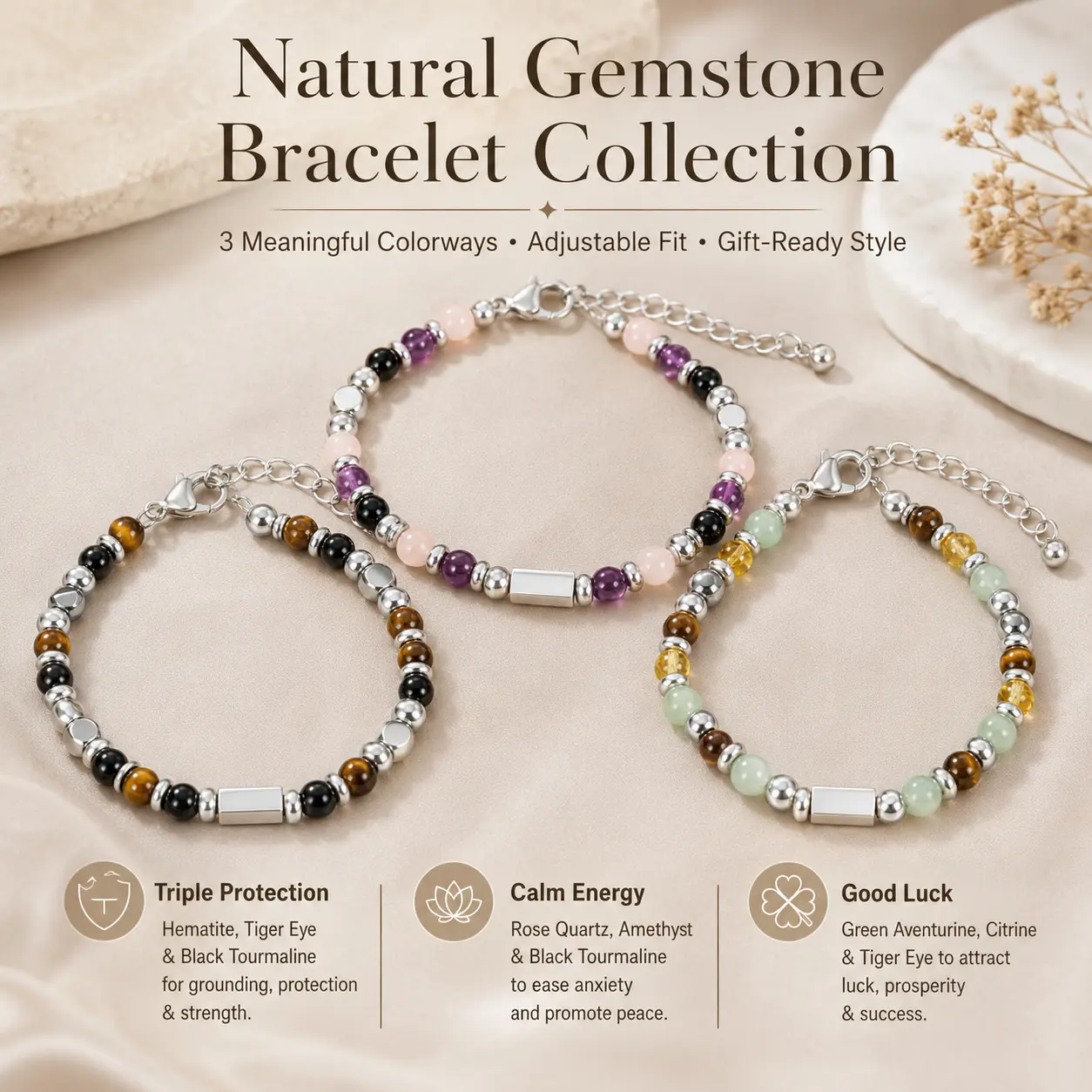 Women's Natural Amethyst Beads Healing Crystal Bracelet - Triple Symbolic, Adjustable (6.5+1.8 in), Fashion Bracelet Accessory for Daily Wear, Mother's Day Gift for Mom, Bracelets