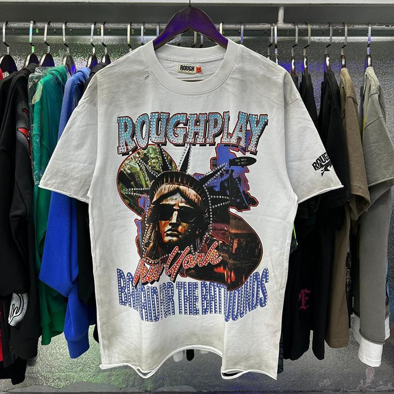 Vintage Washed Roughplay T-Shirt, Heavyweight White Ink Jesus Skull Print, Retro Rockabilly Bling Diamond Patchwork, American Hip Hop Unisex Streetwear Short Sleeve Cotton Tee