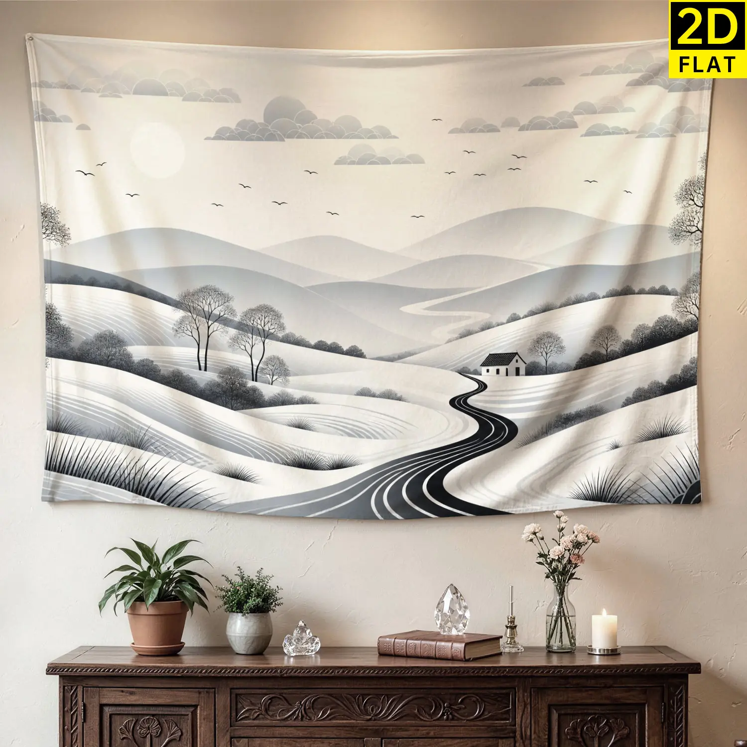Minimalist Black and White Mountain View Artwork Wall Tapestry - Large Printed Horizontal Polyester Wall Hanging, Home Decor, Room Decor for Living Room, No Installation Required, Gift Idea for Loved Ones, Hippie Chic, Colorfast