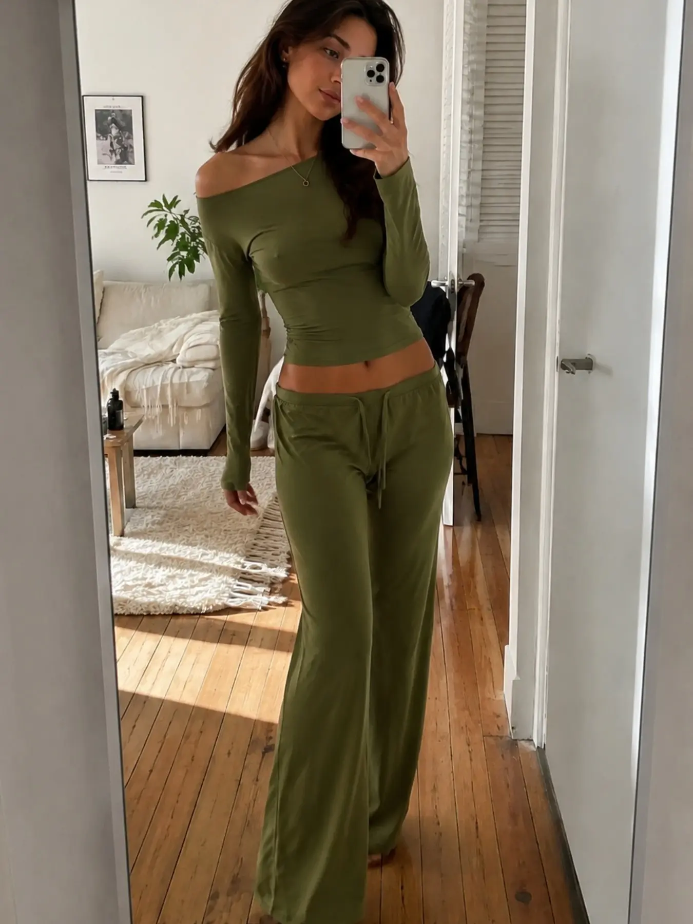 Women's Off-Shoulder Long Sleeve Top and Wide Leg Pants Two-Piece Set, Slim Fit Casual, Daily Comfortable Wear