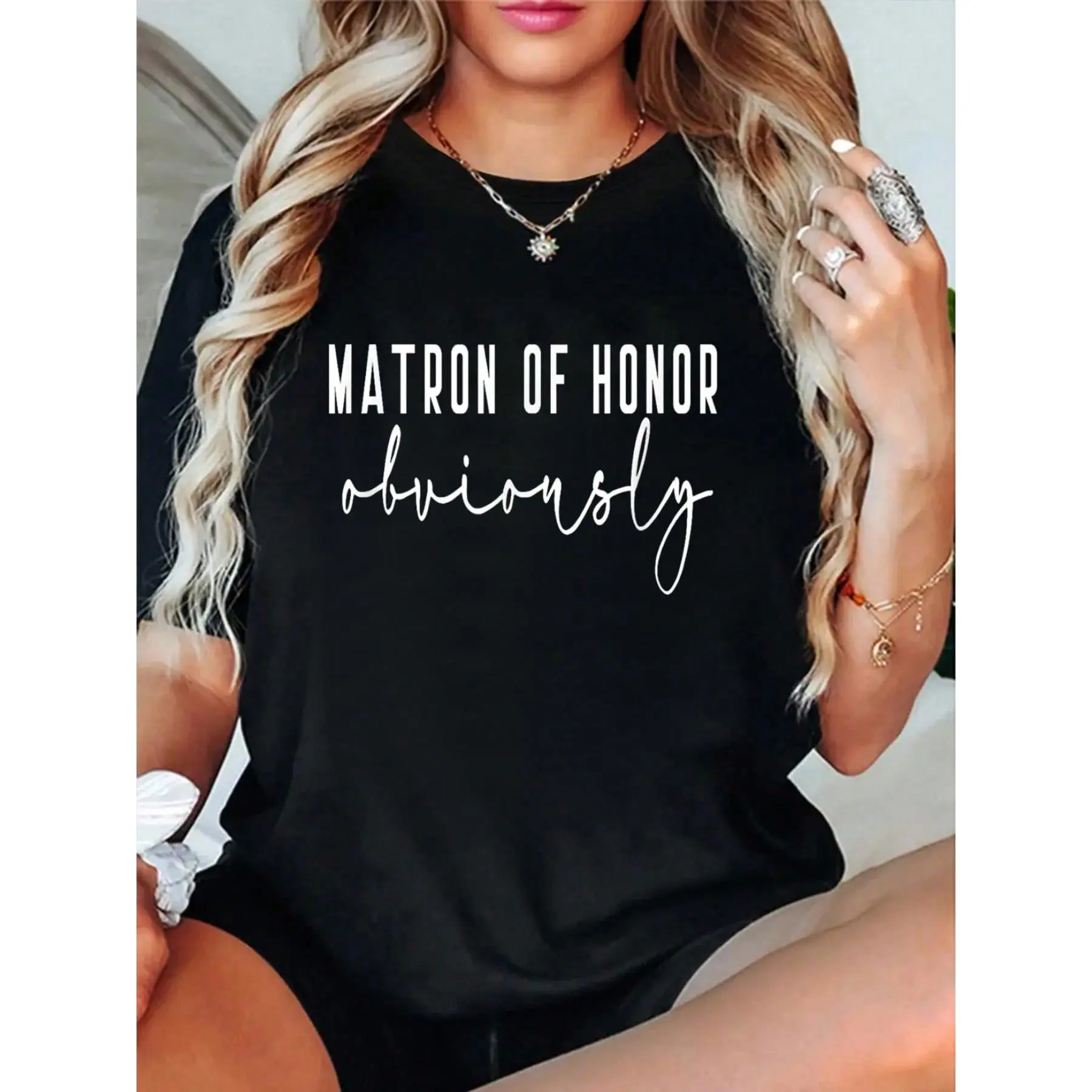 Matron of Honor T-Shirt for Women, Casual Round Neck Graphic Top in Soft 100% Cotton Knit for Bridal Proposals, Tops, Shortsleeve, Knitted, Fabric, Fit, Regular Fit, Halloween, Graphic Print, Machine Wash