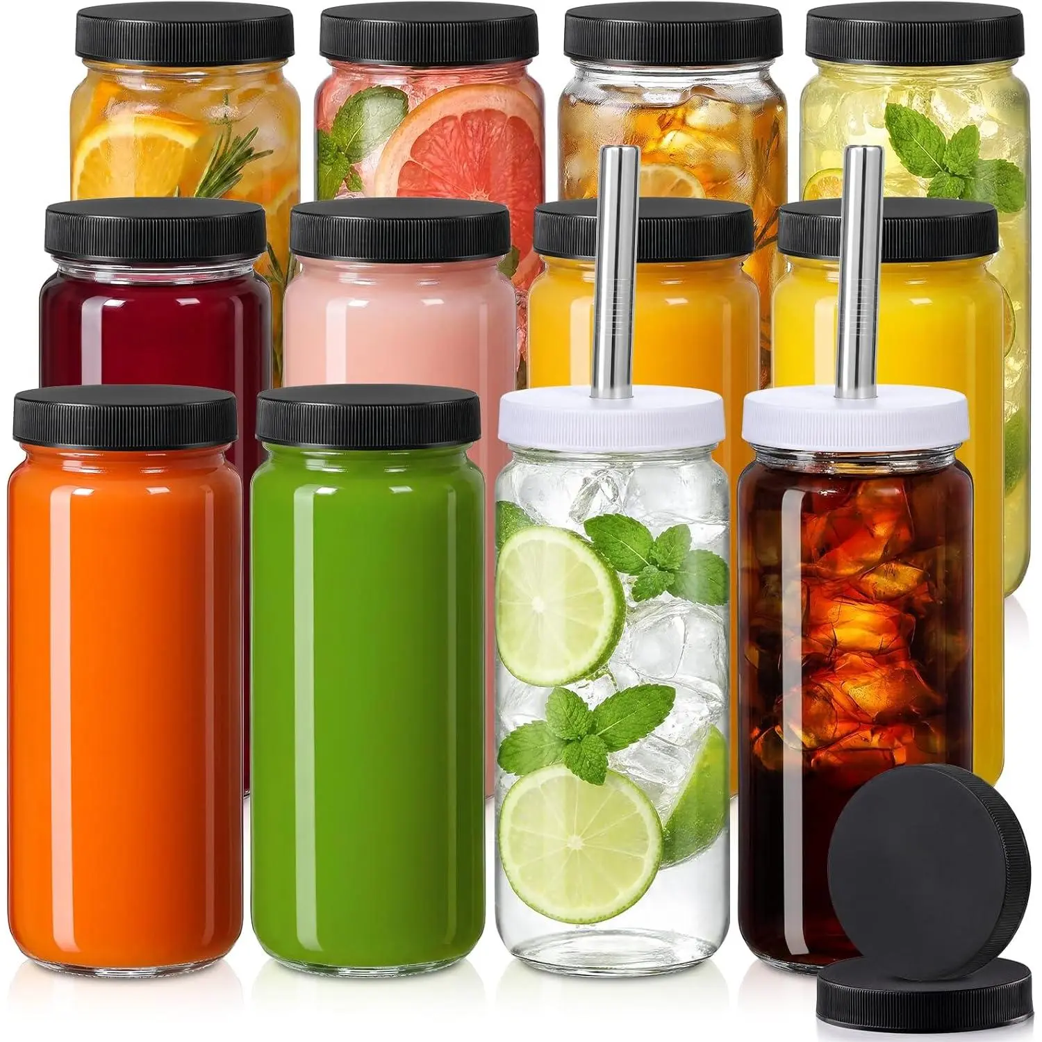 12 Pack 16OZ Glass Juice Bottles with 12 Airtight Lids & 2 Straw Lids & 2 Straws - Freezable Juice Container, Travel Juicing Jars, Drinking Water Cups - Reusable Tall Jar for Tea, Juice, SmoothiesGift.