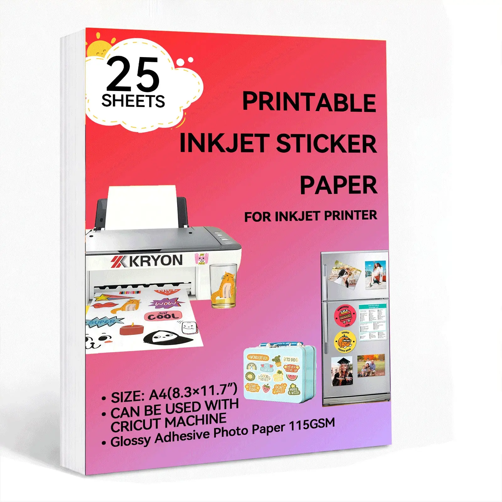 KRYON 25 Sheets A4 High Gloss Back Glue Photo Paper 115g, Ideal for Printing, Durable & Smooth Surface, Perfect for Photos & Prints