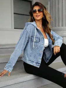 Women's Classic Lapel Hooded Denim Jacket, Perfect for Fall Winter, Ideal for Daily Outings, Stylish and Comfortable Outerwear