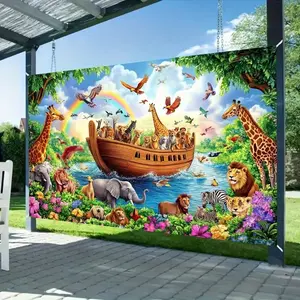 Noah's Ark Party Banner, Vibrant Bible Scene Background, Rainbow Animals Birthday Decor, Wall Art Photo Props, All-Season Home Event Decoration