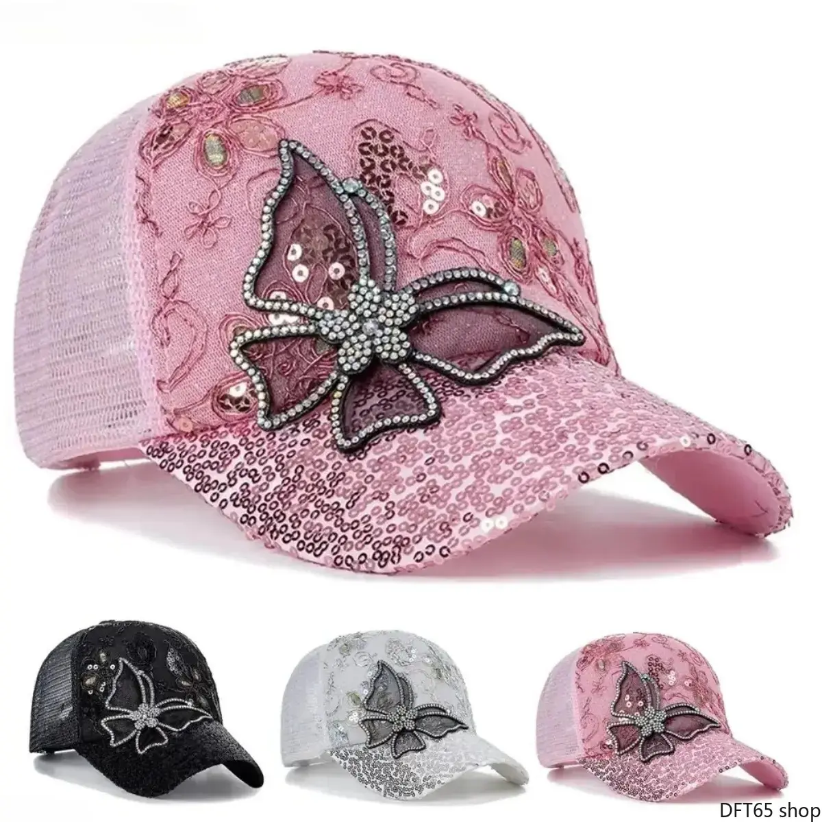 Rhinestone Butterfly Lace Sequin Baseball Cap, Breathable Mesh Adjustable Sun Hat, Decorative Headwear For Women Daily Outdoor Matching And Casual Styling