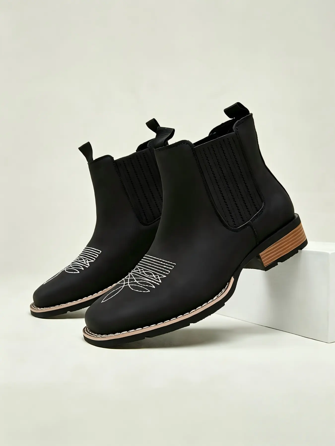 Men's Vintage Embroidered Chelsea Boots, Western Style Slip On Elastic Ankle Boots, Distressed Leather Block Heel Casual Work Boot, Non Slip Outdoor Dress Ankle Boots for Daily Commute