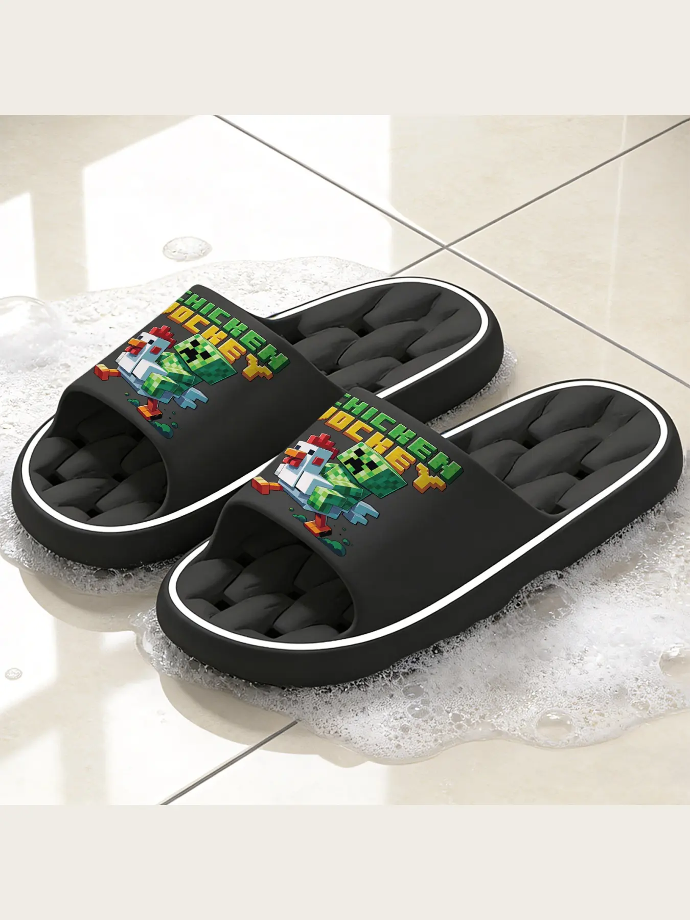 Minecraft Themed Slippers, Creeper Riding Chicken Jockey Pattern Casual House Slippers, Soft Non-slip Plush Indoor Slippers, Fashion Comfortable Slip-on Footwear for Home Bedroom Living Room, Cute Game Inspired Warm Slippers for G
