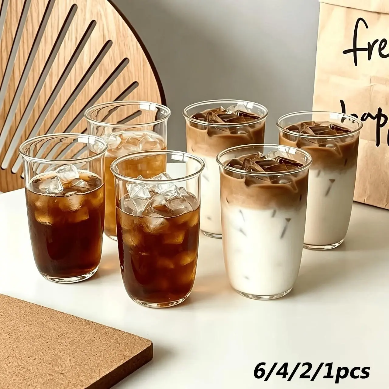 6pcs Ice Americano Latte Coffee Cups, Glass Cup Set with Straw, High Borosilicate Glass, Heat Resistant, Ideal for Home Office BBQ Restaurant Bar Party