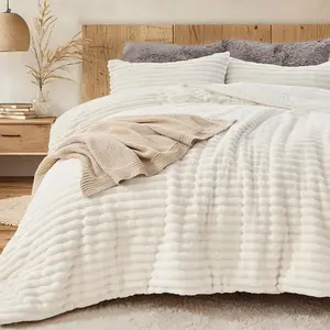 Sasttie Queen Comforter Set 3 Pieces - Super Soft Fleece Comforters Queen Size, 1 Luxury Warm Fuzzy Marshmallow Comforter with 2 Pillow Cases, Faux Fur Down Alternative Bedding Set, Cream White