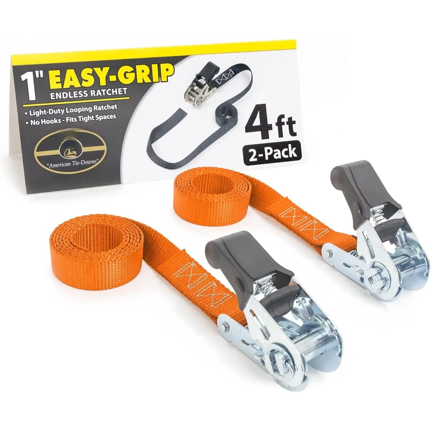 1in x 4ft Easy-Grip Endless Ratchet Straps, Orange 2-Pack | Endless Straps with No Hooks, For , , , Coolers & Cargo, 400lb Working Load, 1200lb Break Strength