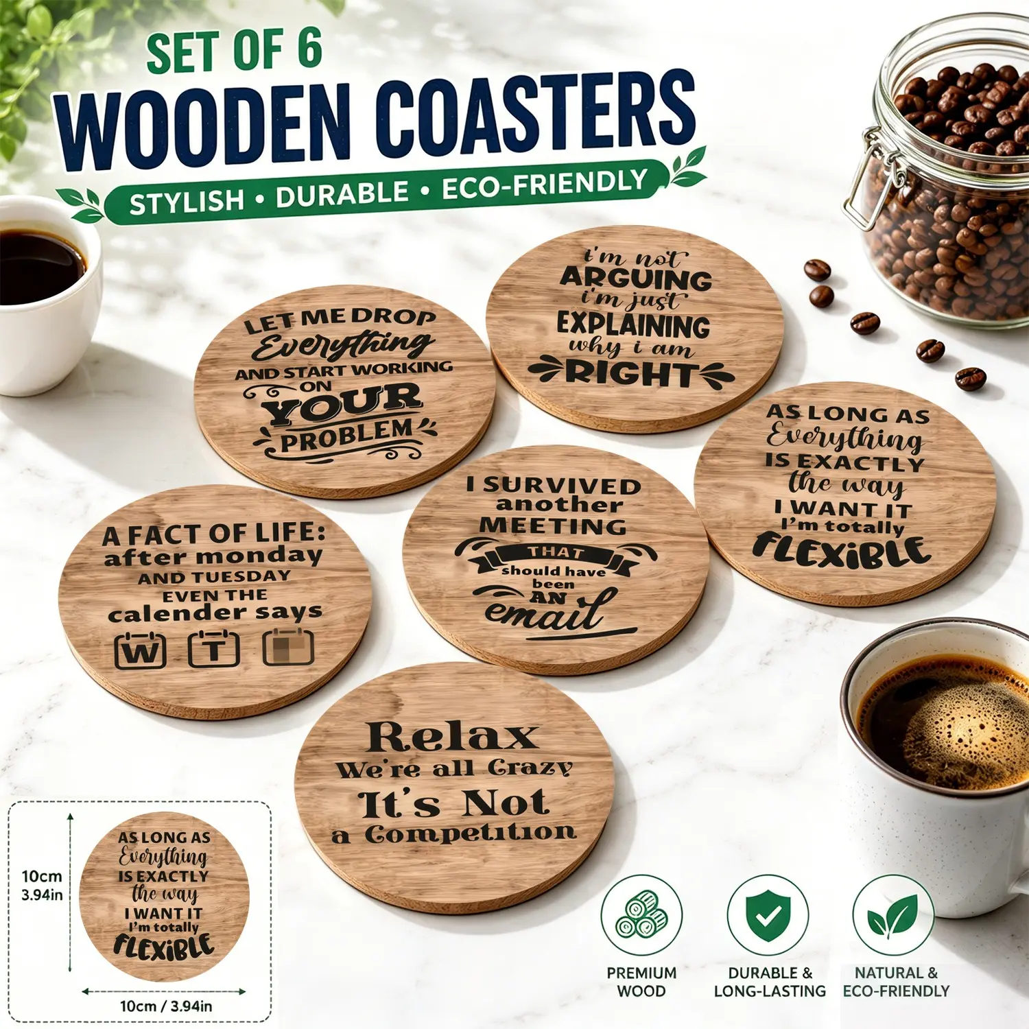 🔥 TikTok Made Me Buy It! 6PCS Viral Funny Coaster Set | Wooden Decorative Sarcastic Quotes "We're All Crazy" Office Meme | Trending Coworker Gift | Must-Have Coaster For Desk Decor | Heat Resistant Drink Mats