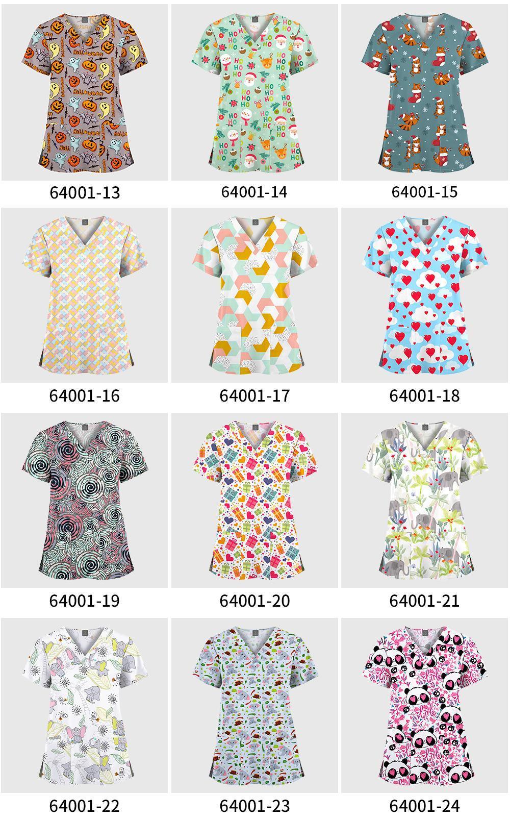 Cartoon Print V-Neck Short Sleeved T-Shirt Scrub Uniform Nurse Scrub Women Uniform Top Surgical Scrubs Nurse Veterinary Workwear