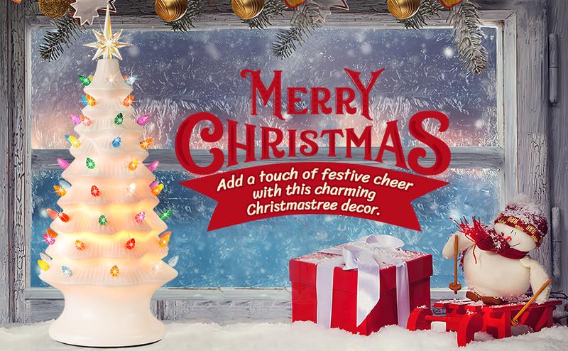 Table Top Christmas Tree, Hand Painted Resin Christmas Tree with Lights, Pre-lit Xmas Tree Decor Lighted Tabletop Decoration with Multicolored LED Bulbs, Ceramic-Like Finish Ornaments Green