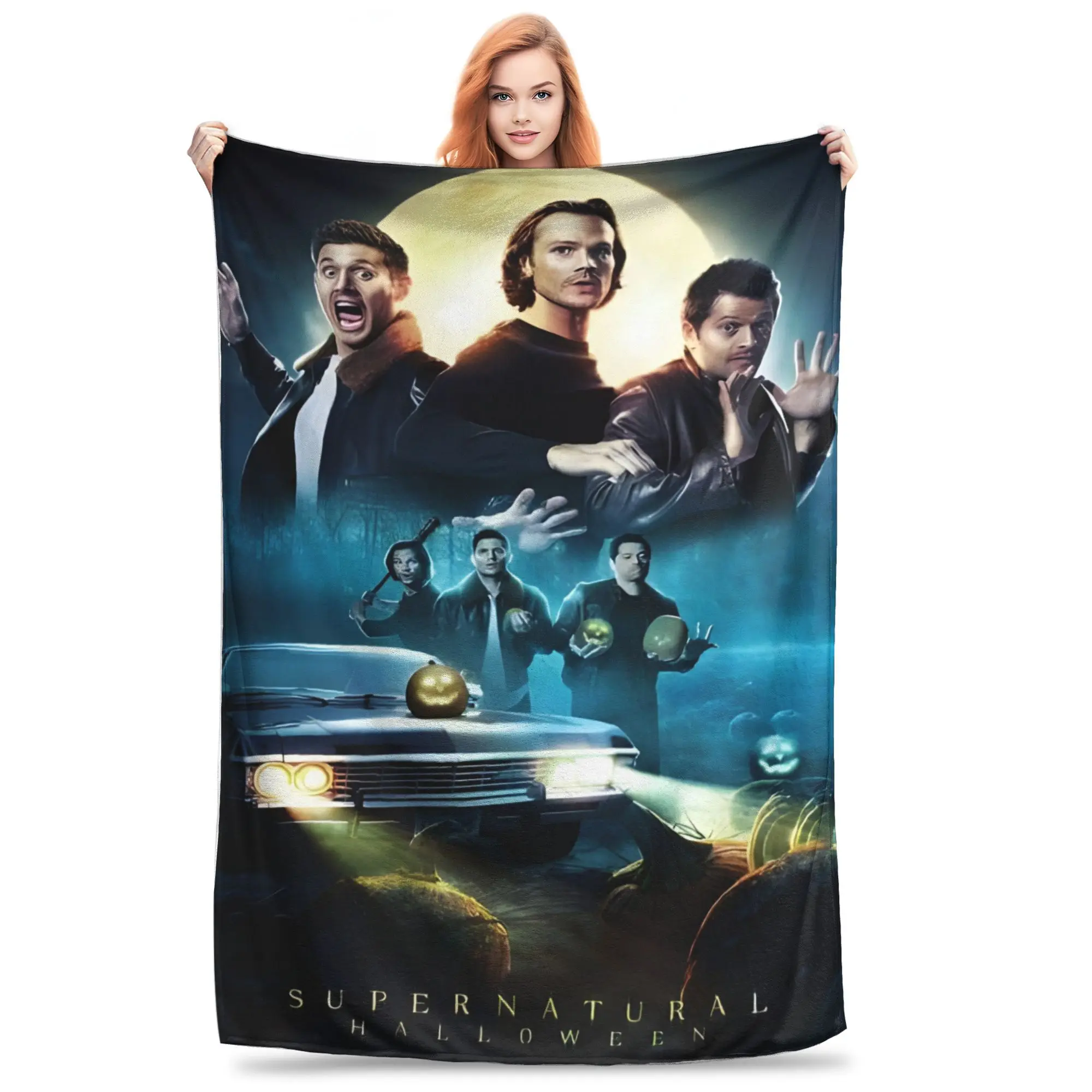 Supernatural Halloween Poster Style Blanket Super natural single-sided printed thick rug, suitable for patio use.