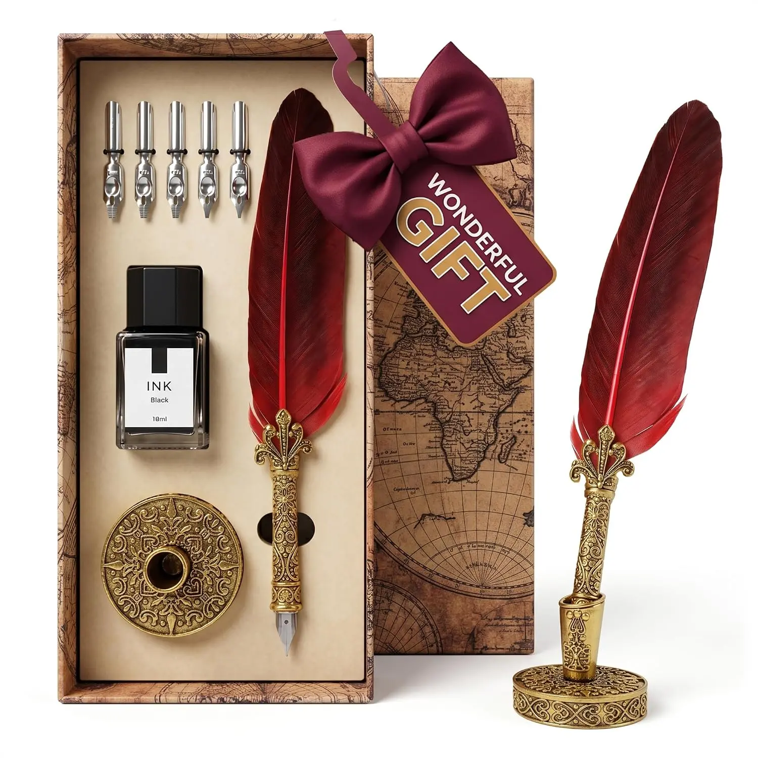 Goose Quill Pen and Ink Set for Beginners - Stainless Steel Nib, 5 Spare Nibs, Refillable Inkwell, Compact Quill Stand, Red - Office Stationery for Calligraphy, Writing Gifts