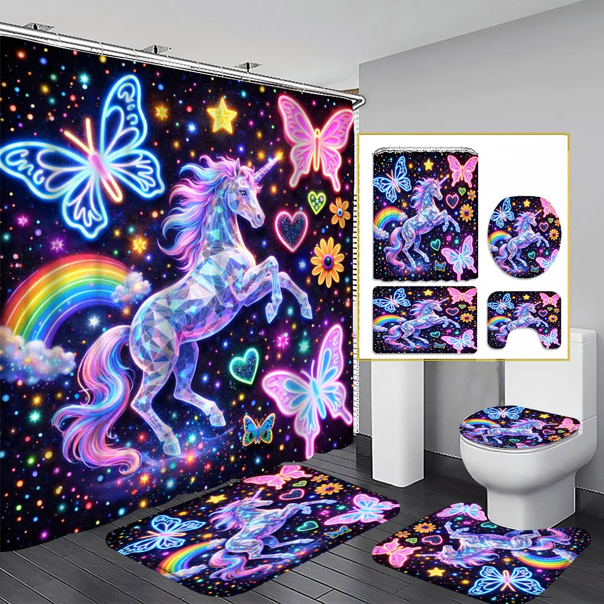 Four-piece unicorn fantasy shower curtain set, including bathroom decoration accessories: bath mat, U-shaped floor mat, toilet cover cover, shower curtain with hook. Neon unicorn with butterfly and star pattern, home decoration bathroom accessories