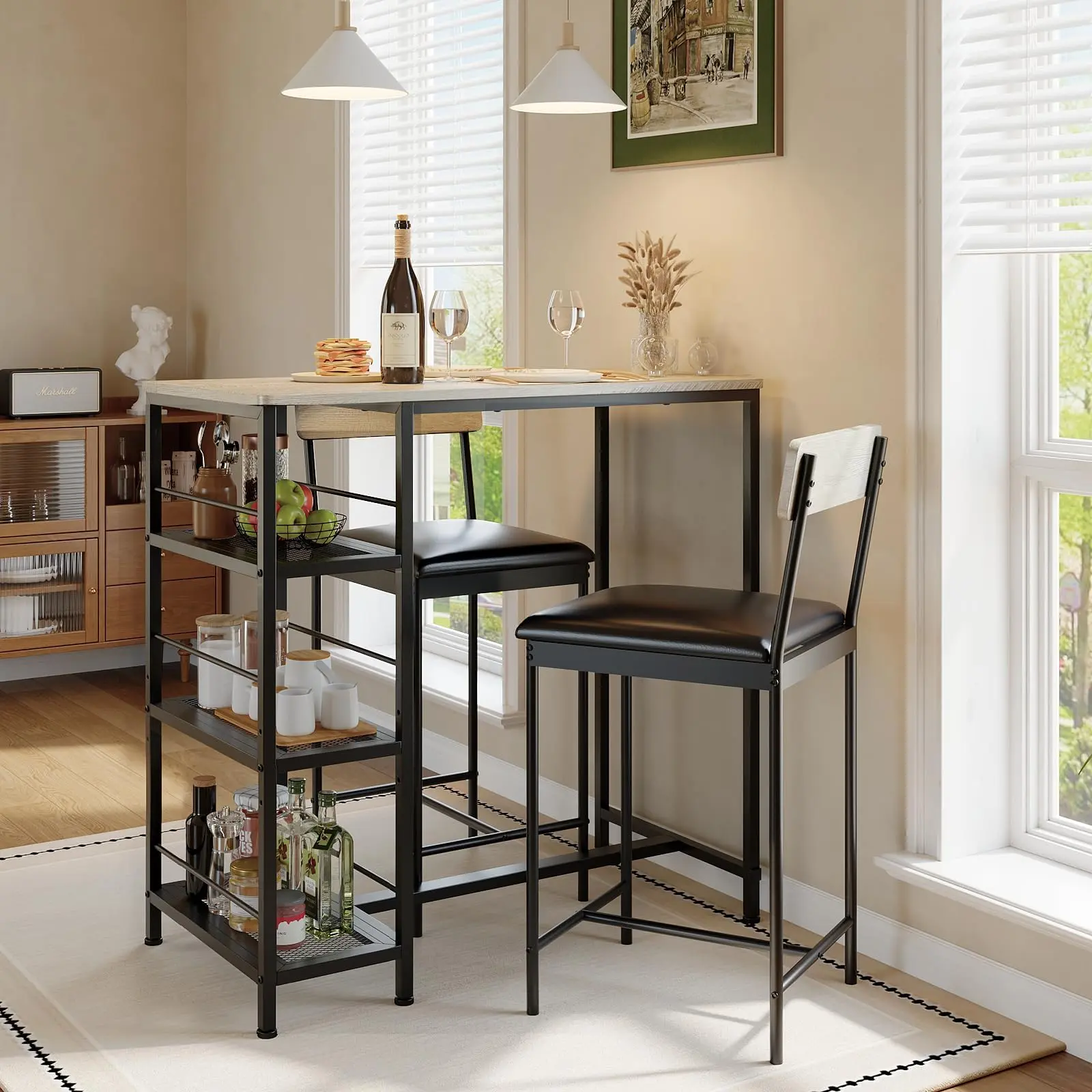 Modern 3-Piece Rectangular Bar Height Table Set with 2 Seats, Steel/Iron Frame, Built-In Wine Rack, 3-Tier Storage Shelves, Quick Setup, Compact Industrial Indoor Dining Room Furniture for Small Kitchens, Apartment Furniture