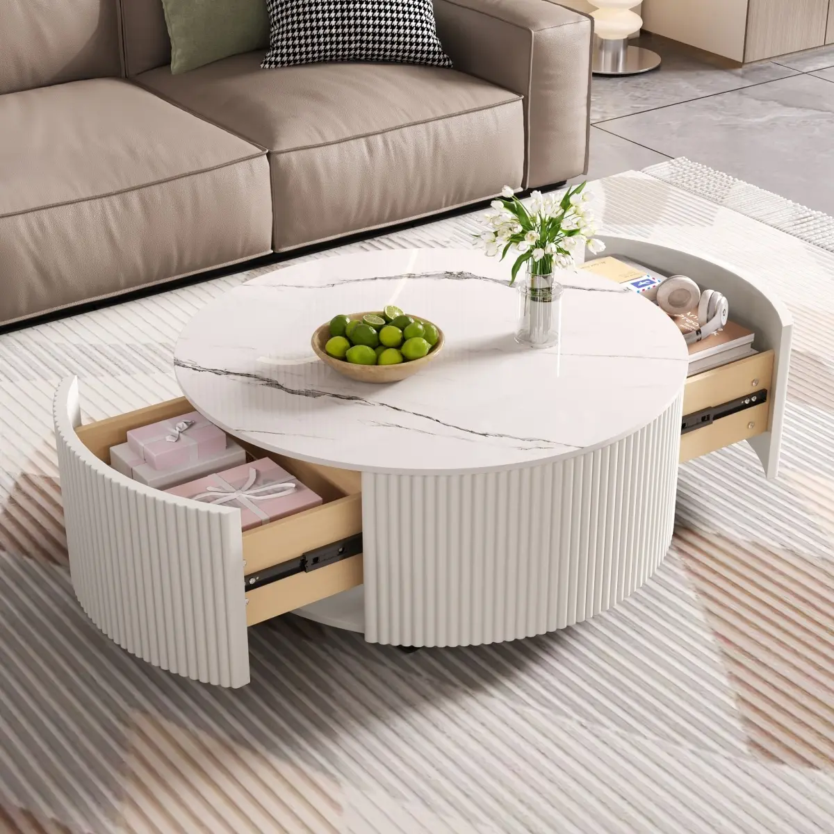 29.5x13.5" Modern Round Form Coffee Table - White Sintered Stone & MDF Top with Marble Look, 2 Drawers, Casters, Indoor Furniture WL