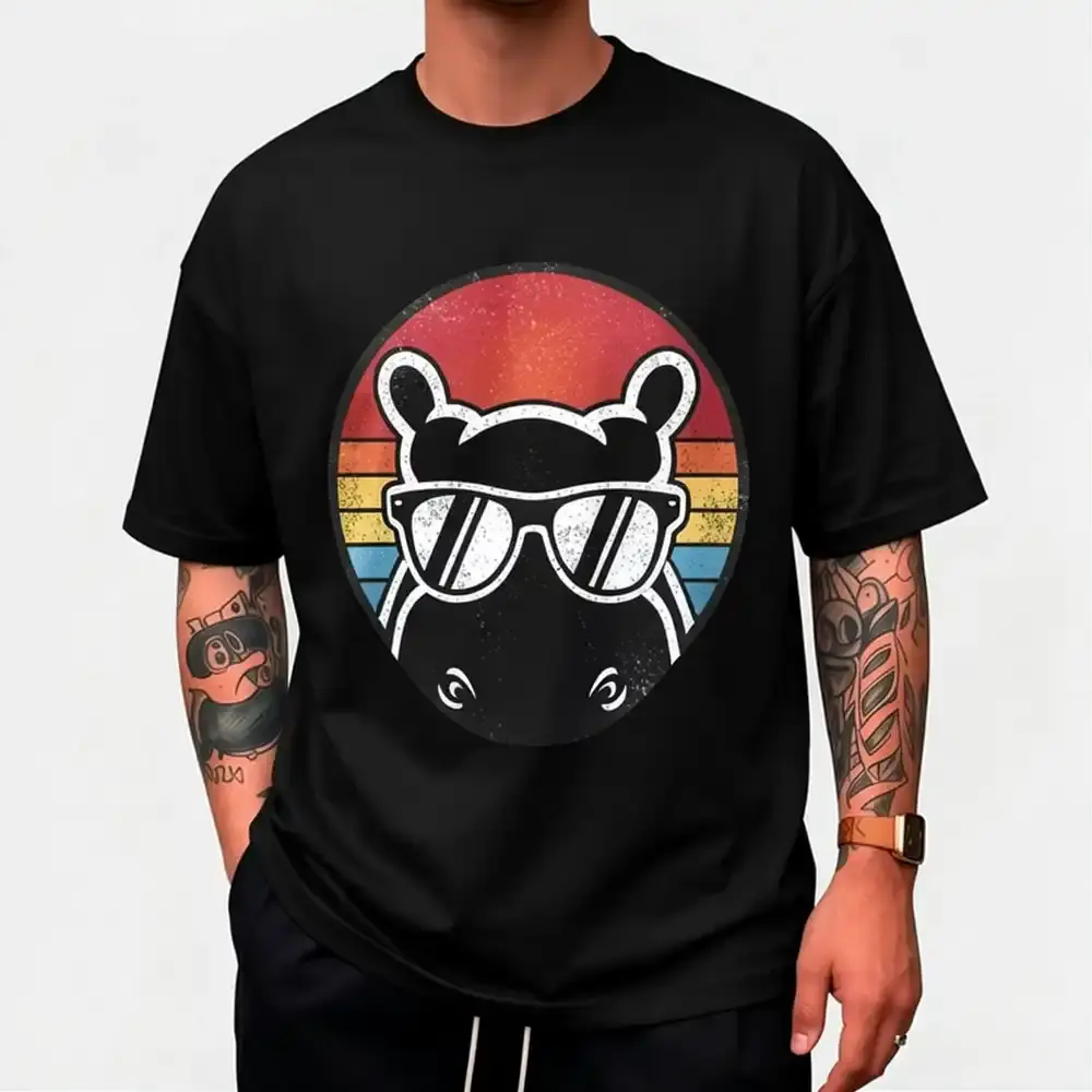 Retro Vintage Hippo Hippopotamus Sunglass T-Shirt Pure Cotton Graphic Tees Menswear Top: Gifts for Men & Women