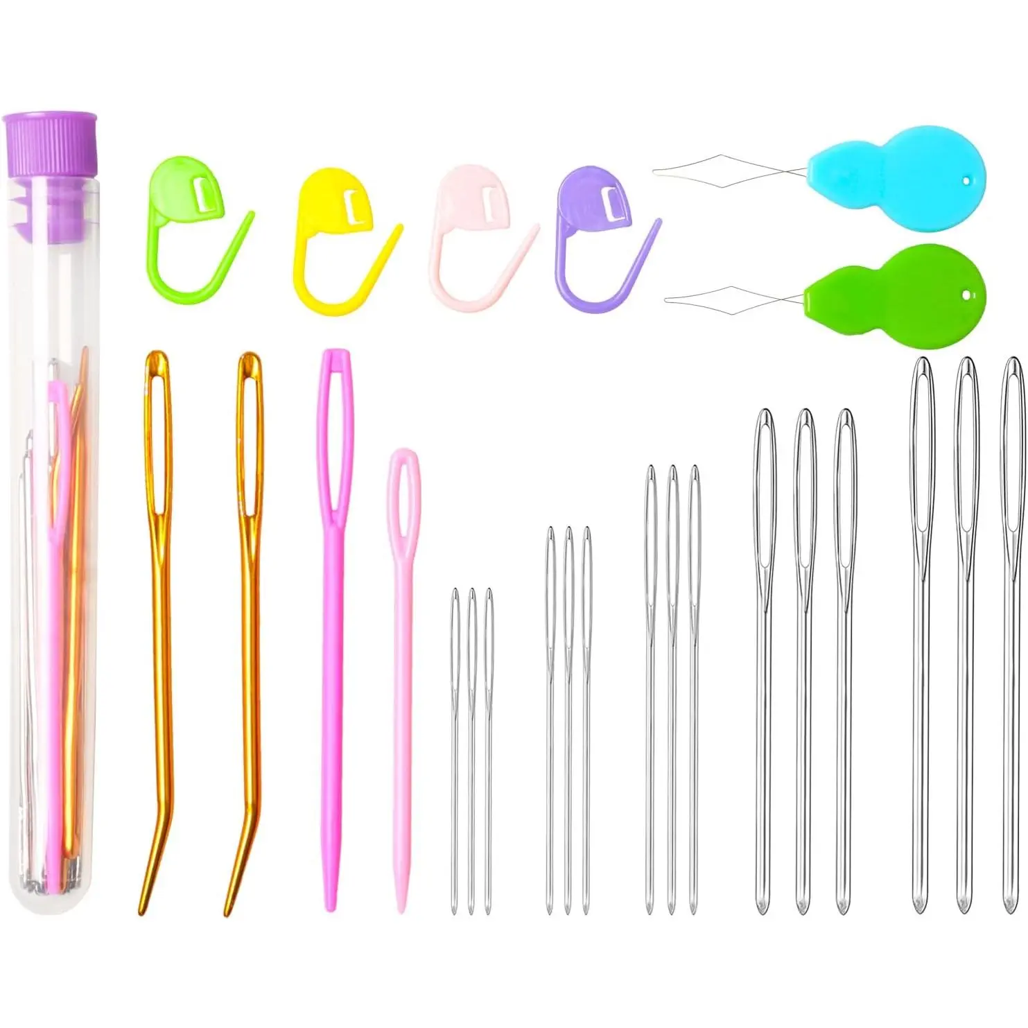 25-Count Large Eye Blunt Yarn Needles Kit with Bent Tapestry Darning Needles, Stitch Markers & Threaders - Sturdy Plastic/Metal Crafting Tools for Knitting, Crochet, Blunt Needles