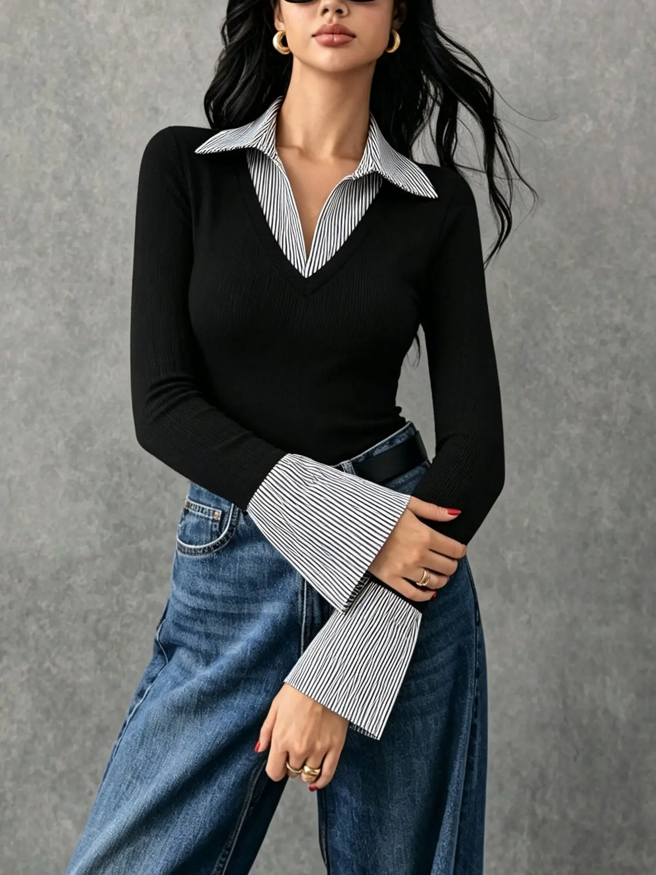 Women's Striped Knit Top, Collared Bell Sleeve Shirt, Slim Fit Vertical Stripe Baselayer, Korean Style Office Wear, Spring Fall Essential