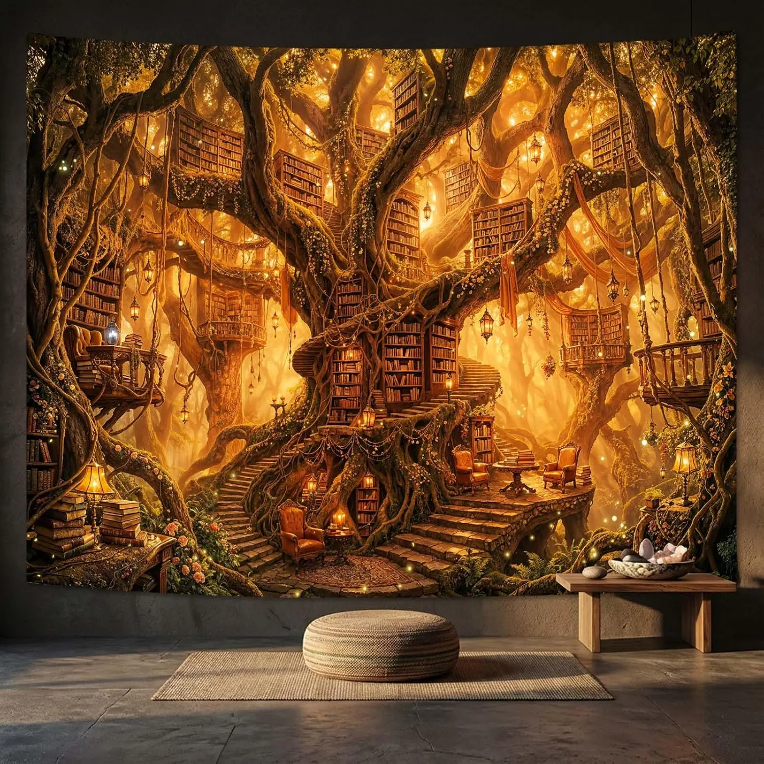 Yeoiat Tapestry Enchanted Forest Library Tapestries Magical Treehouse Bookshelf Tapestries Golden Fantasy Woodland Wall Tapestry Bedroom Dormitory Living Room Decoration 60"x44"