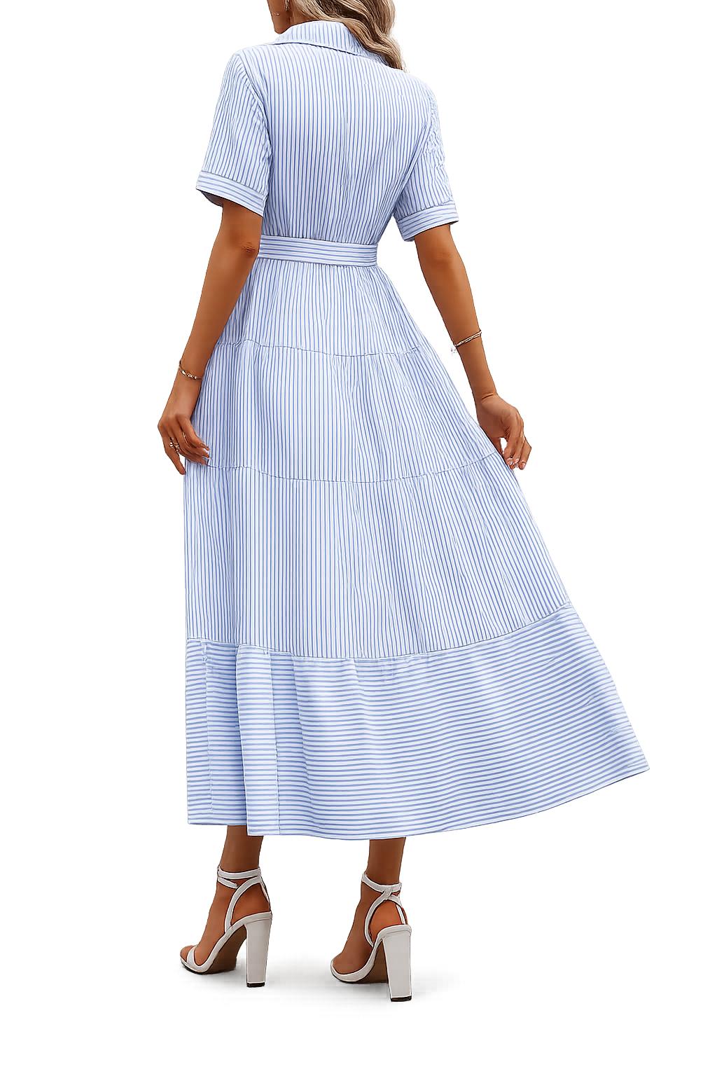 2026 Summer New French-style Dress Collar Striped Color Block Waist Tie Short Sleeve Long Dress Business Casual