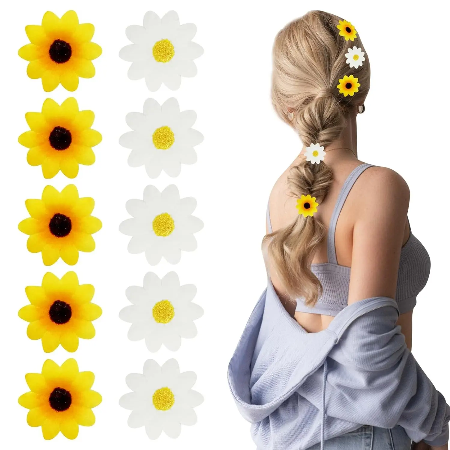 10Pcs Flower Hair Clips for Women Large Clips for Hair Sun-flower Dai-sy Yellow White Blossoms Small Wedding Summer Beach Bridal Party Accessories Girls