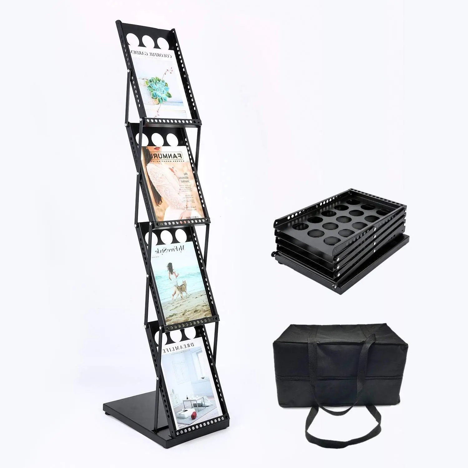 4-Tier Brochure Literature Display Floor-Stand Rack with Adjustable Pockets. Portable Collapsible Design with Carry Bag for Trade Shows, Offices, Retail Stores (Black)