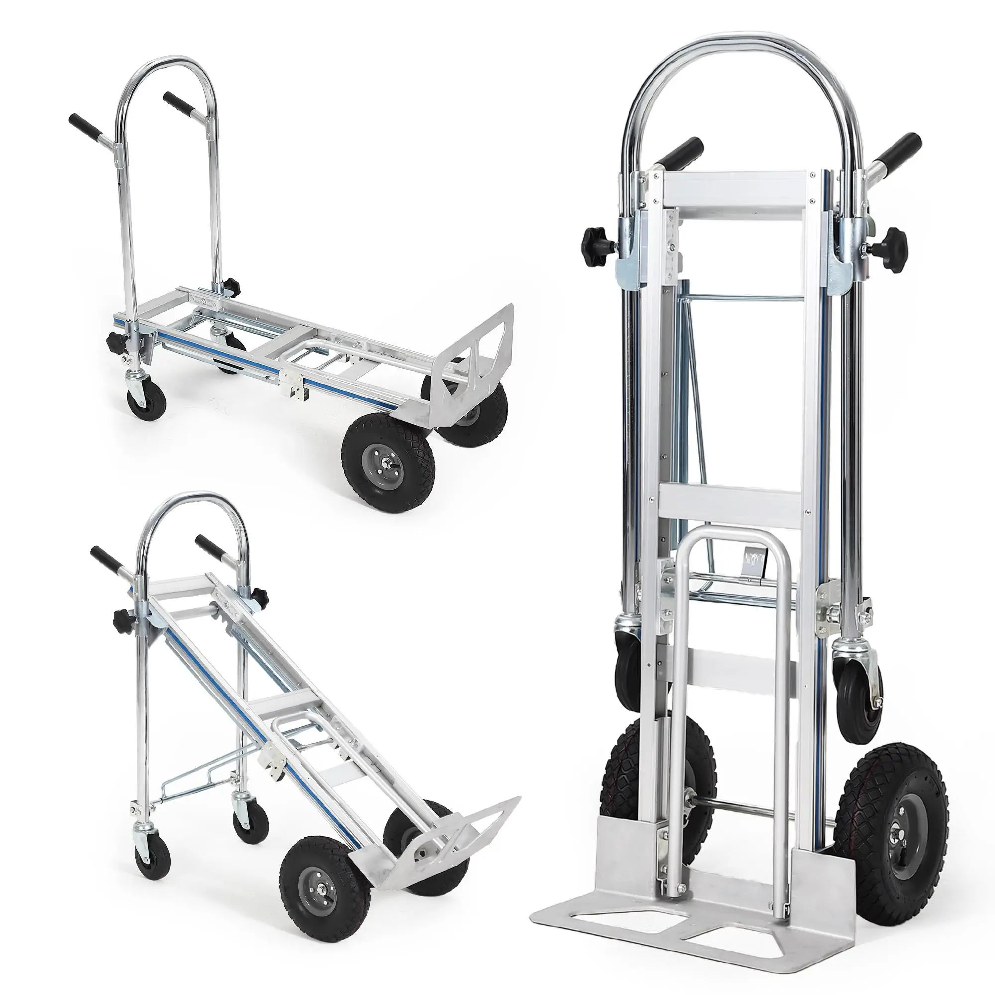2-in-1 Convertible Aluminum Folding Hand Truck & Platform Dolly, 700LB Industrial Heavy-Duty Lightweight Easy-Storage Moving Aid with Pneumatic Wheels, Upright/Flat Modes for Warehouse Users