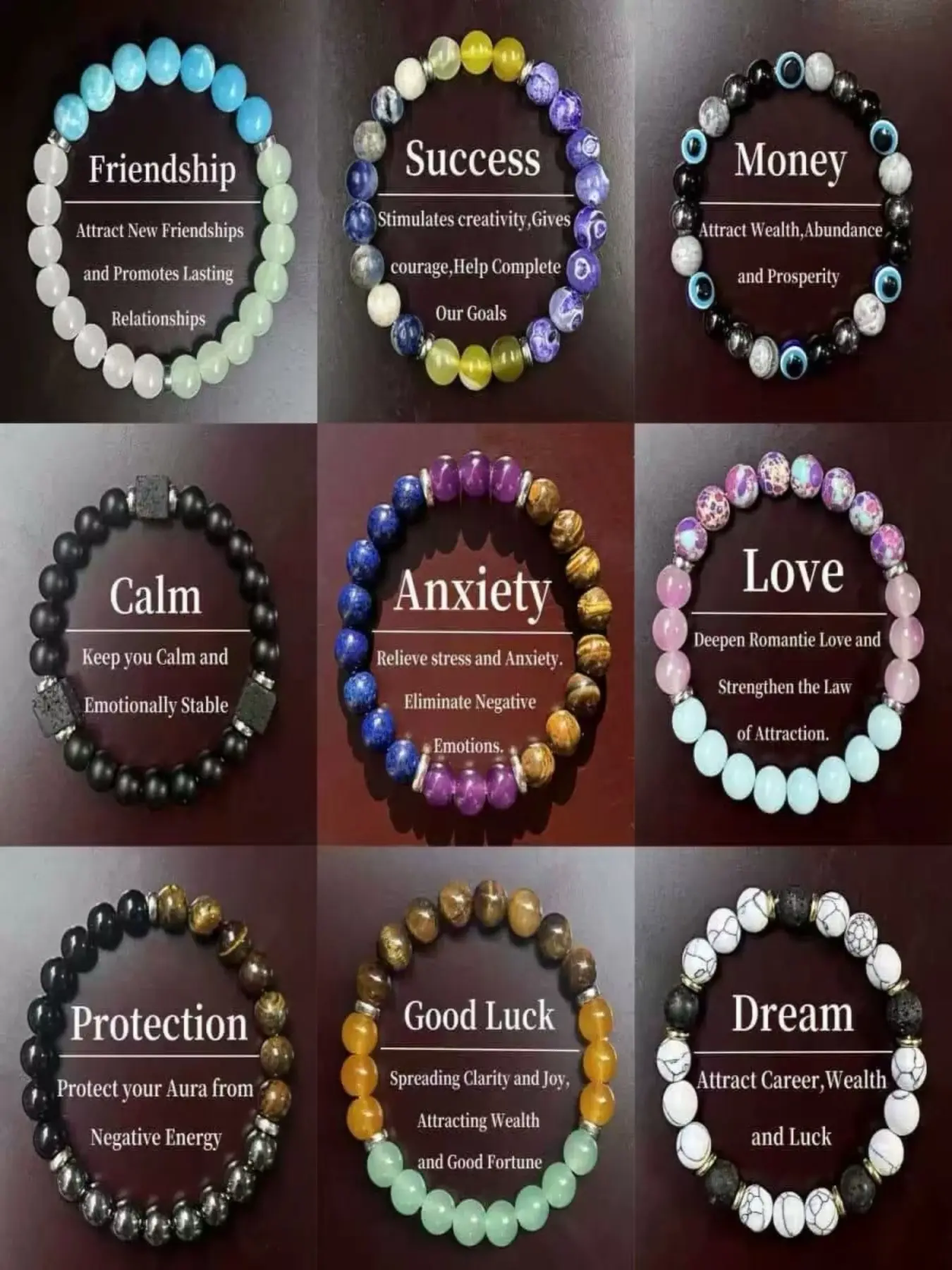 9-Piece Magic Crystal Bracelet Set, Peace Wealth Prosperity Friendship Luck Love Protection, Unisex Gift, Optimistic Positive Confidence Strong