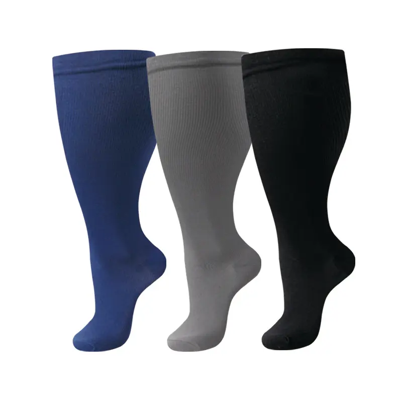 3 Pairs Plus Size Compression Socks for Women, Wide-Fit Sweat Wicking Fabric with Targeted Elastic Support for Running & Travel, Elastic Socks, Targeted Compression Socks
