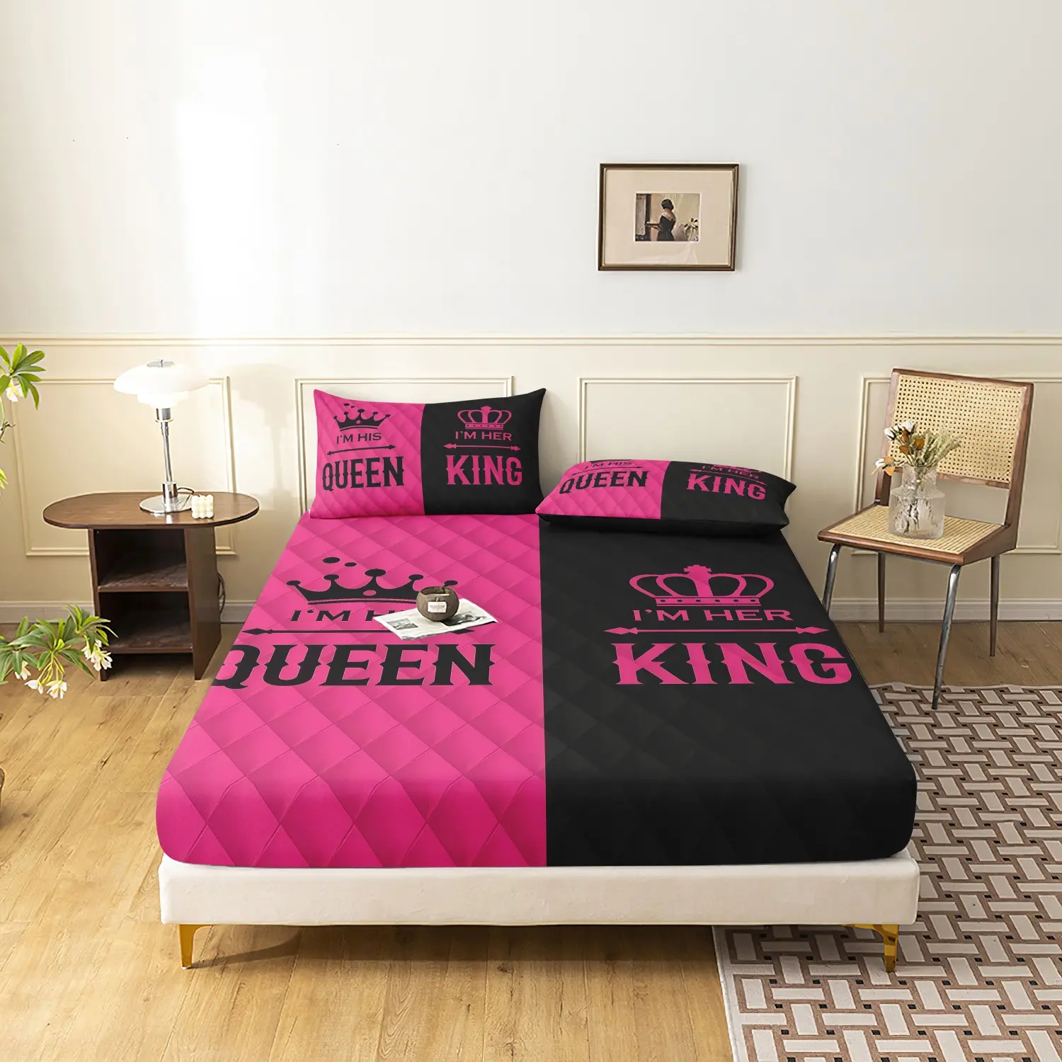 3 pcs Queen&King Couple Bed Fitted Sheet Set, I'm Her King, I'm His Queen, Crown Print Fashion Romantic Double Splicing Decoration Quilted Mattress Cover Soft Breathable Fashion Valentine's Day Gift Bedding Set (1 Bed Sheet+2 Pillowless Pillowcases)