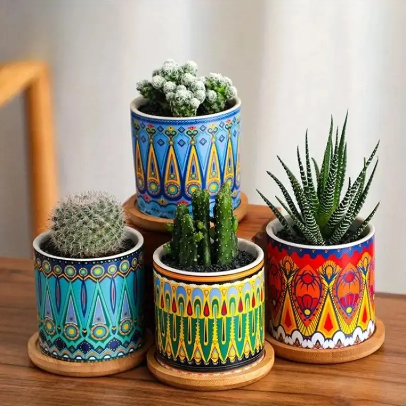 Modern Ceramic Succulent Flower Pots, Succulent Planter, Nordic Mandala Design, 4-Piece Set, Indoor/outdoor Use, Garden Planters, Perfect for Home and Garden Decor, No Plants Included