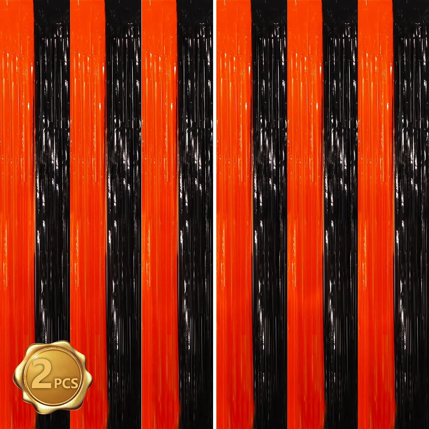 Black Orange Door Streamers Backdrop Foil Fringe Tinsel Party Streamers Curtains Photo Backdrop - 2 count for Birthday Graduation Halloween Party Decoations
