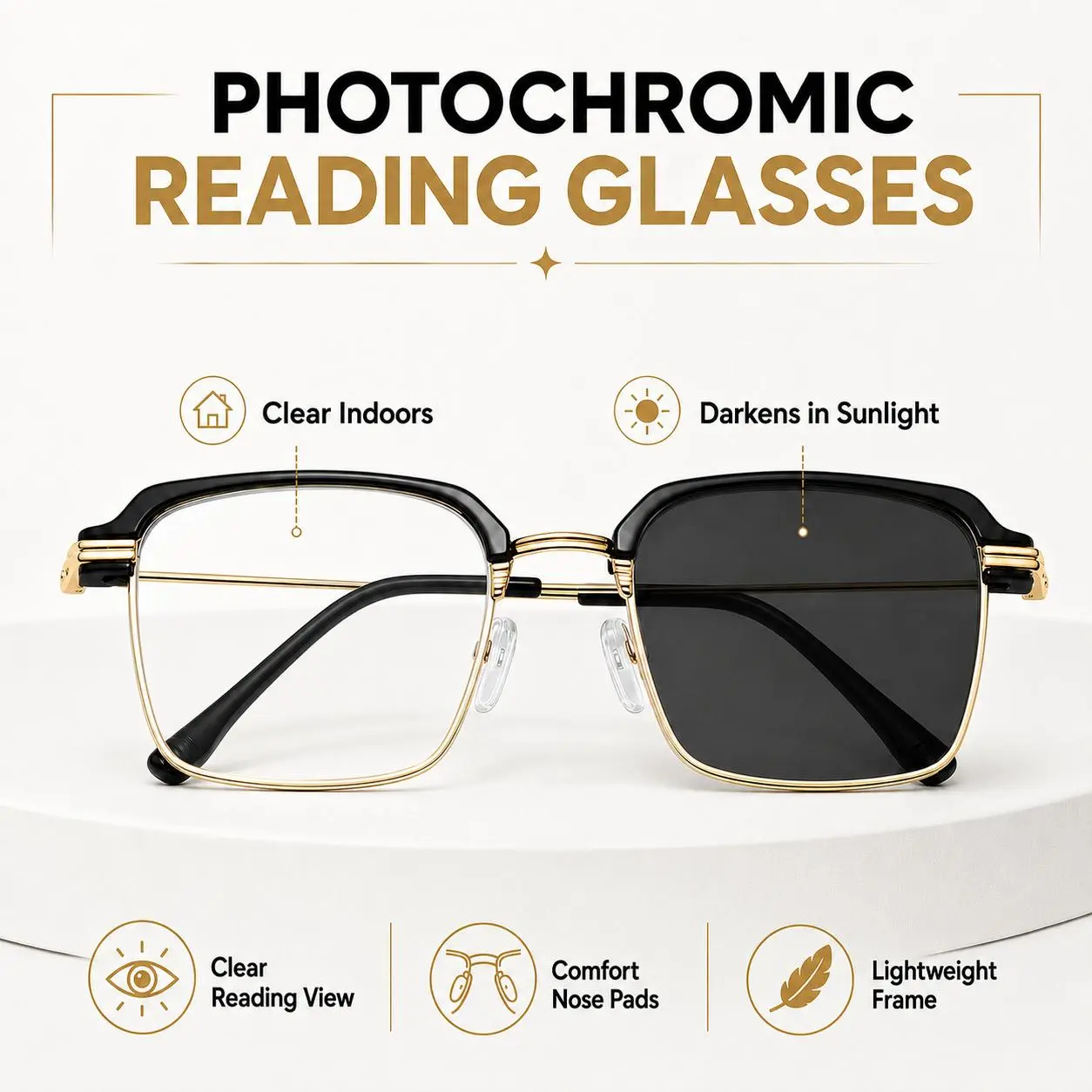 Photochromic Progressive Multifocal Presbyopia Readers Reading Glasses with Blue Light Blocking & UV400 Protection Semi-Rimless Black Gold Frame for Work Travel & Everyday Use  DealsForYouDays