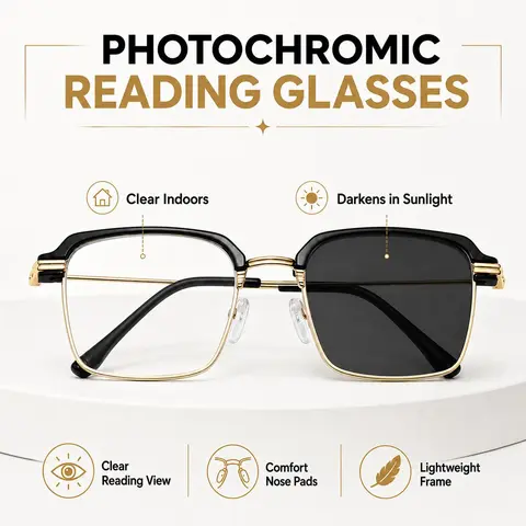 Unisex Adjustable Tint Non-Prescription Reading Glasses - Lightweight Semi-Rimless Alloy Frame, Blue Light Blocking UV400 Lenses, Comfortable Nose Pads, Black Gold, Indoor/Outdoor Everyday Use