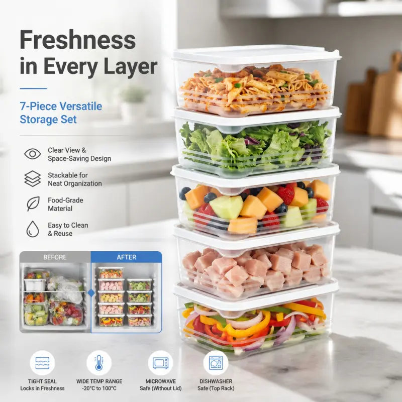 7 Pack Clear Food Storage Containers with Airtight Lids, Stackable Refrigerator Organizer Bins, Microwave Dishwasher Safe Meal Prep Containers for Fruit Vegetable Leftovers
