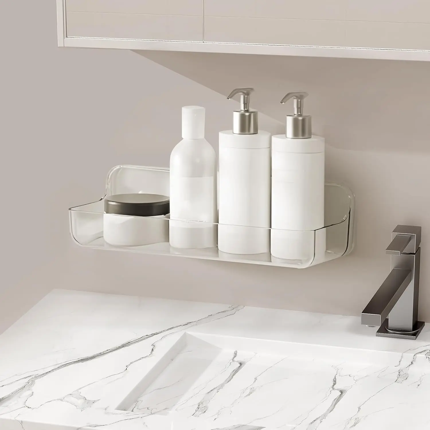 Plastic Wall Mount Organizer, Adhesive Clear  Shelf, No Drilling Hang Walls Shower Caddies, with Self Adhesive Tape, for Bathroom, Kitchen, Utility Room,3.8D x 12.8" W x 3.3" H