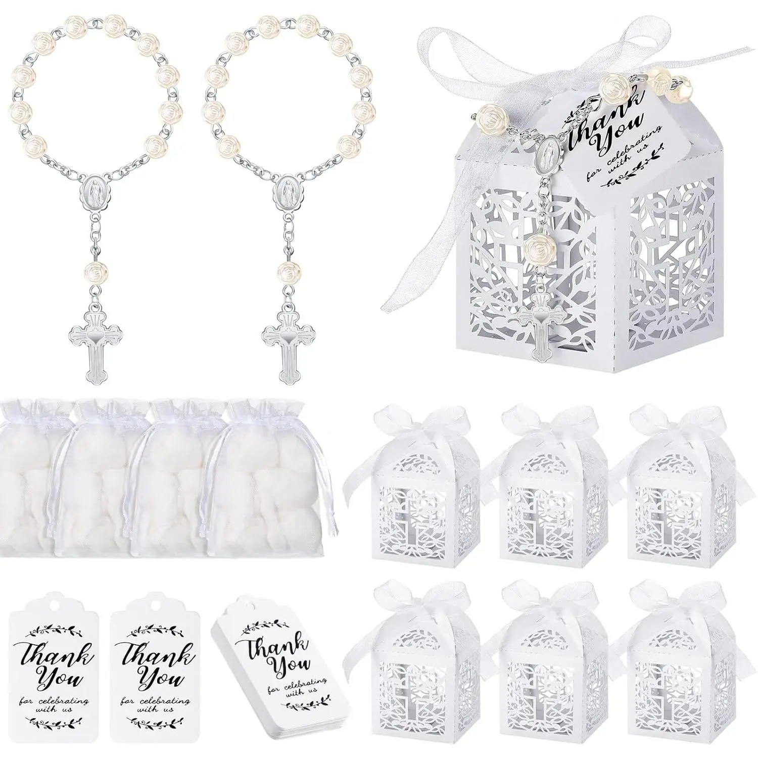 100 Pieces Baptism Favors Set Includes 25 Pieces Mini Rosary, Laser Cut Baptism Favor Boxes, White Organza Bags and 25 Pcs Thank You Tags for Bautizo Recuerdos Christening Wedding Party Supplies
