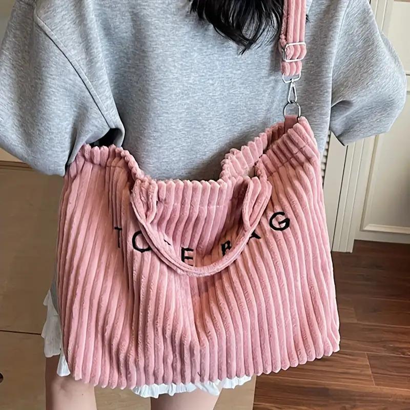 New Corduroy Women's Fashion Solid Color Soft Large Capacity Shoulder Bag with Letter Pattern Contrast Design Adjustable Strap Tote Bag Classic Square Work Bag for Work Shopping Dining as Gift