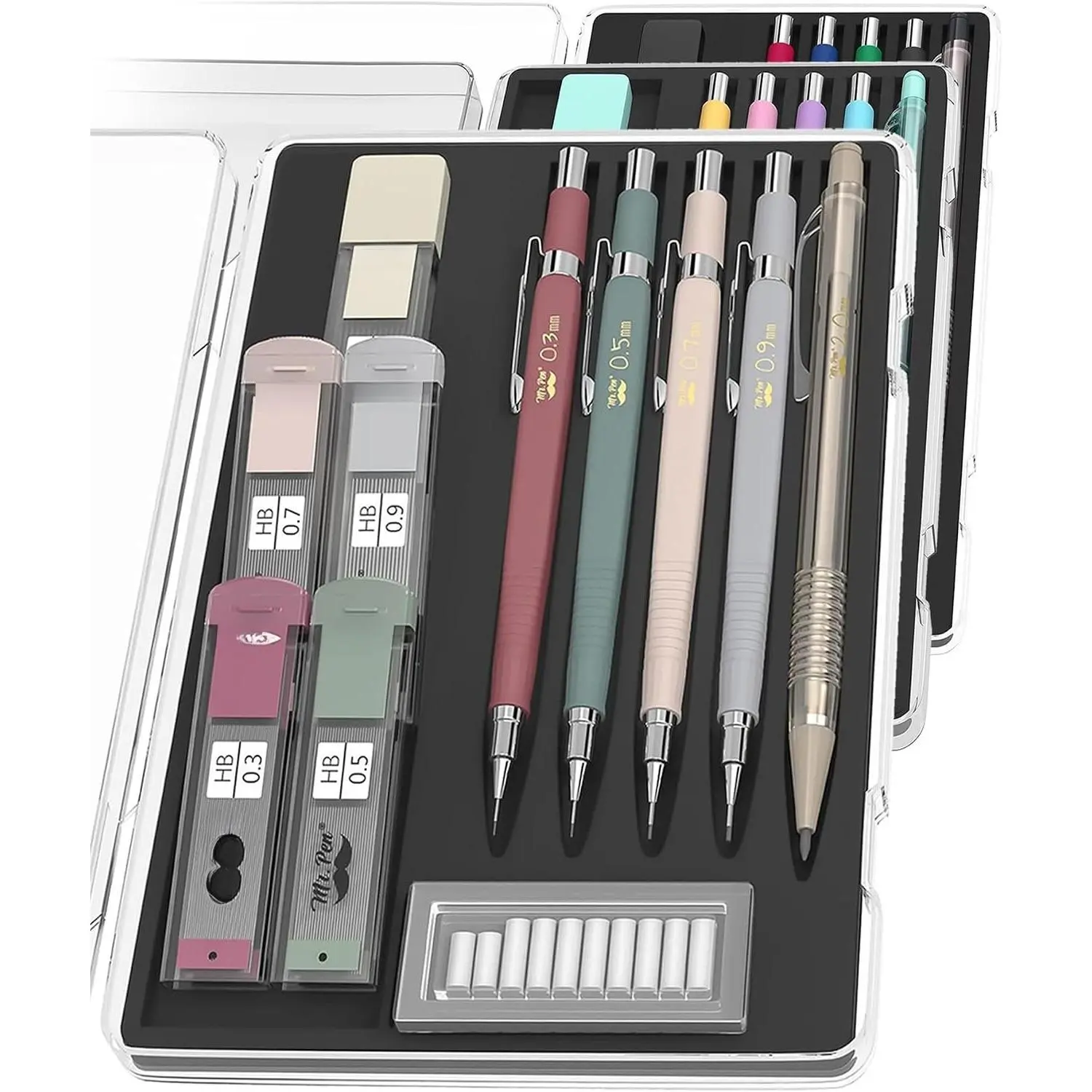 Art Mechanical Pencil Set Pack - 5 Multiple Tips Sizes (0.3,0.5,0.7,0.9,2.0mm), 5 HB Lead Refills, 10 Eraser Refills, Precision Drawing Tool for Sketching, Writing