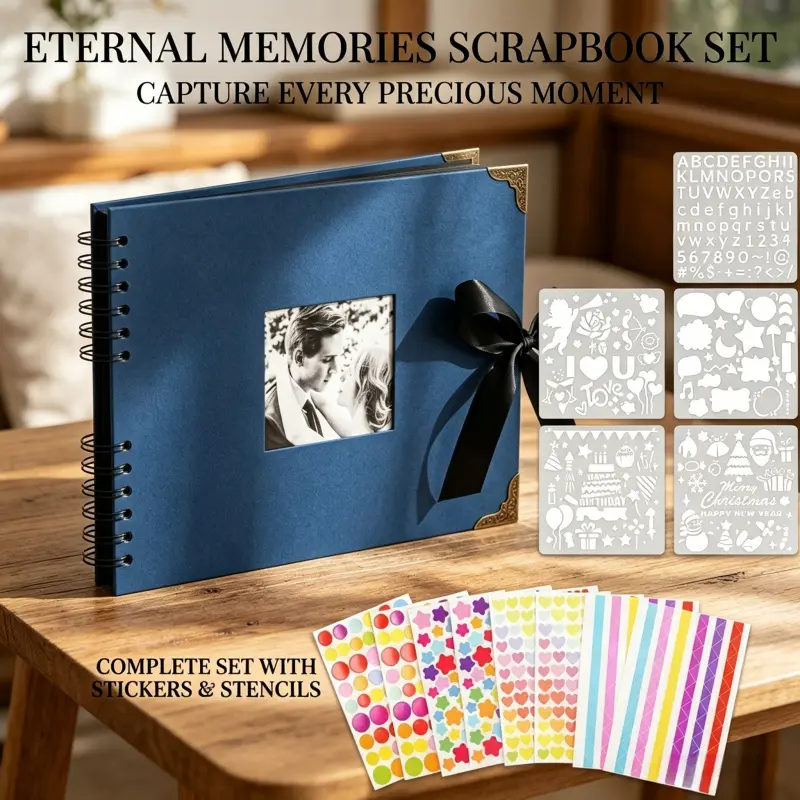 Spiral Bound Scrapbook Gift Set Hardcover Photo Album Colorful Decor Stickers Multi-Functional Stencil Templates For Travel Wedding Growth Memory Collection Includes Sticker Scrapbooking Supplies