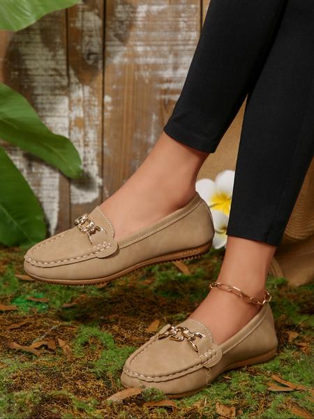 Women's Casual Round Toe Loafers, All-Season Slip-On Shoes, Comfortable Walking Flats, Metal Buckle Decor, Ideal for Work & Daily Wear
