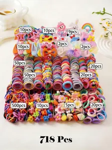 718pcs/Set Girls' Pink Cute Princess Hair Accessories, Durable Non-Damaging Elastic Hair Ties, Versatile Bowknot & Rabbit Design Duck Clip Barrettes, Bendy Hair Clip, Suitable for Daily Use