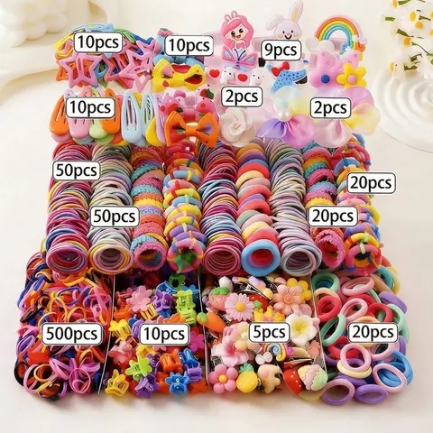 718Pcs/Set Girls' Pink Bowknot Hair Clips, Cute Princess Hair Accessories Sets with High Elastic Non-Damaging Hair Ties and Duck Clip Barrettes, Suitable for Daily Use