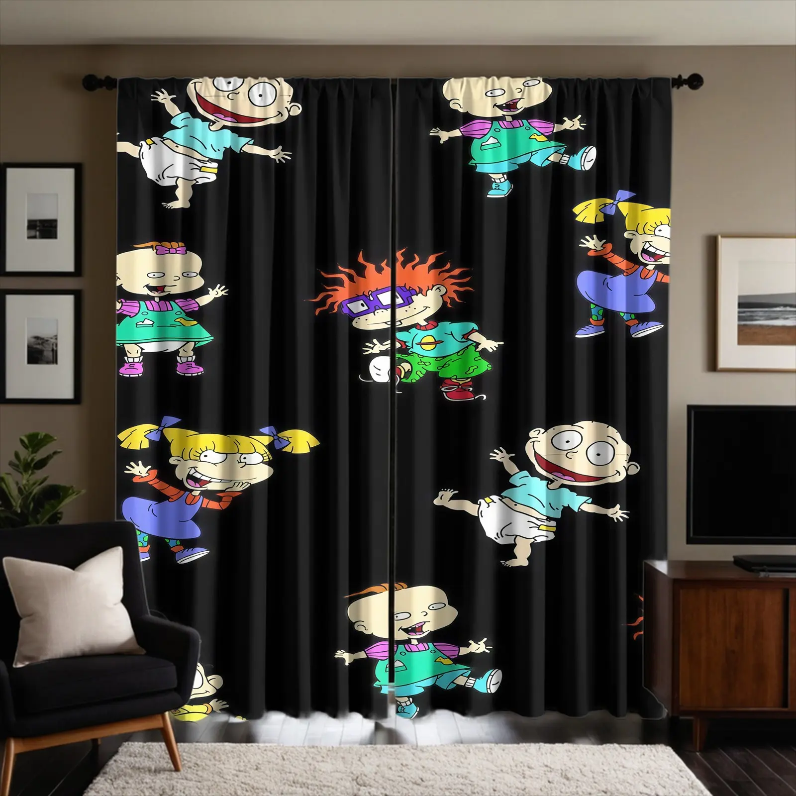 Cartoon Character Pattern Semi-Blackout Brushed Fabric Curtains, 2-Piece Pack, Suitable For Living Room, Balcony And Bedroom, Perfect Home Season Holiday Room Decoration
