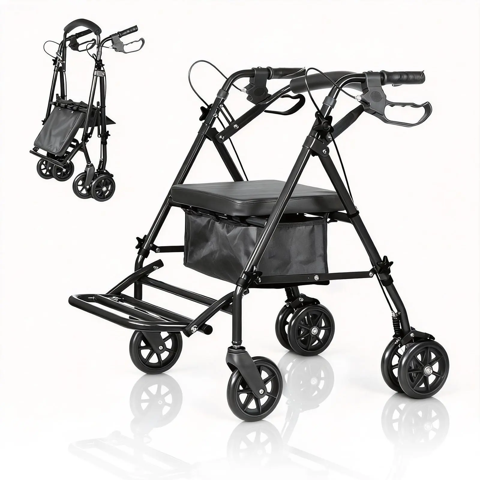 Rollator Walker with Seat, Foot Pedal, Underseat Storage, Foldable Walking Aid, Adjustable Height, Lightweight Walker for Seniors and Disabled, 6'' Wheels, 20.28lbs, 299lb Capacity, Black